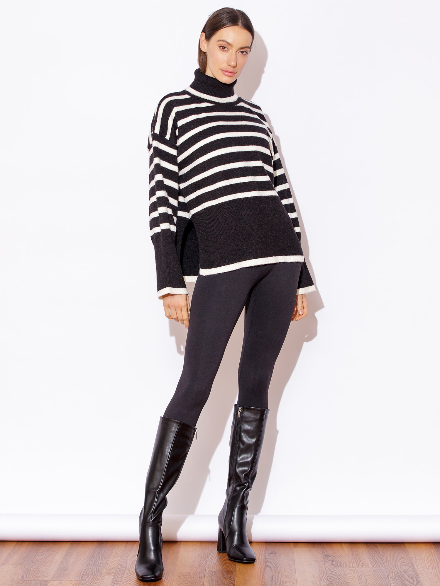RELAXED STRIPED TURTLENECK SWEATER, BLACK/WHITE