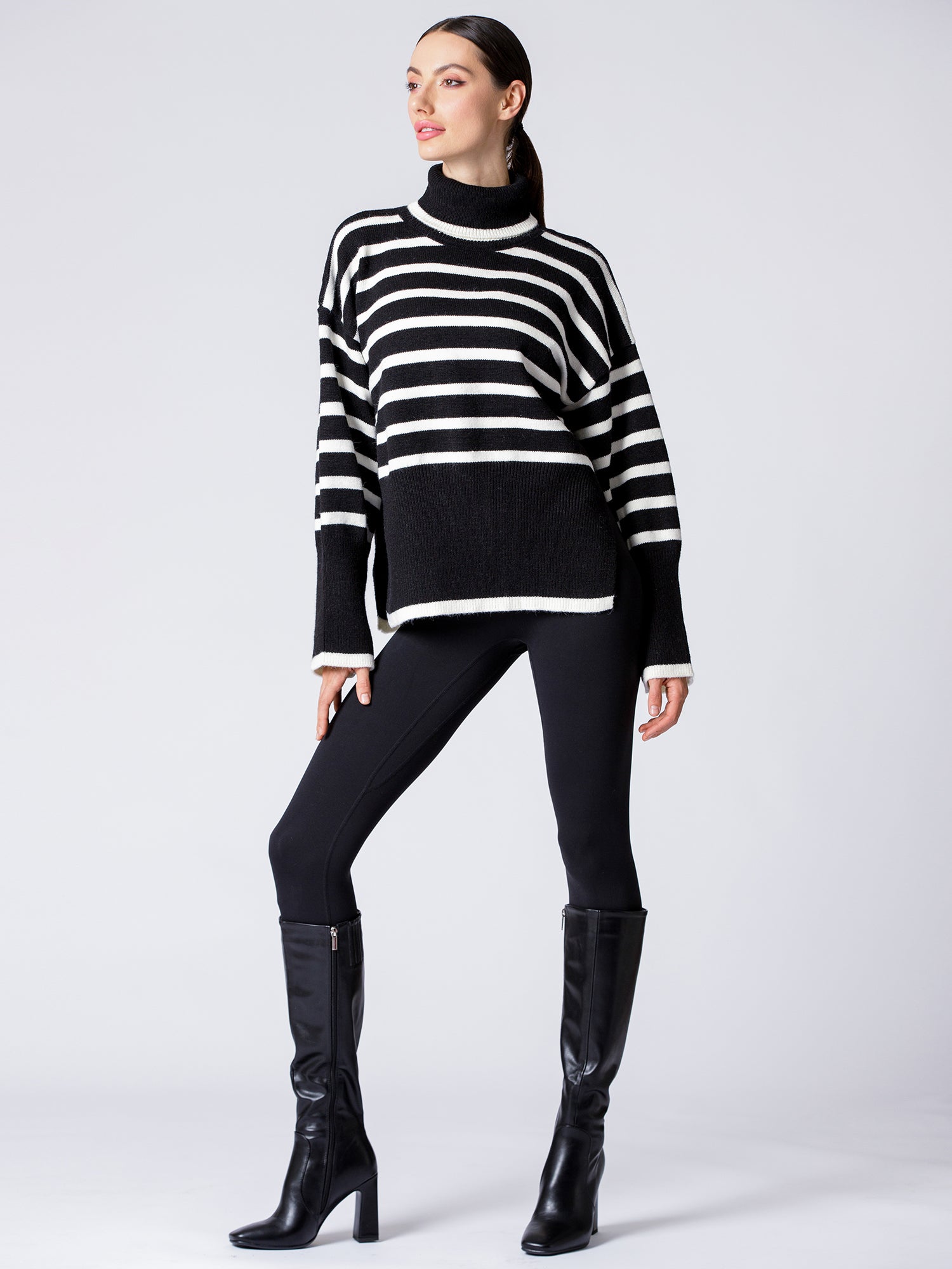 RELAXED STRIPED TURTLENECK SWEATER, BLACK/WHITE