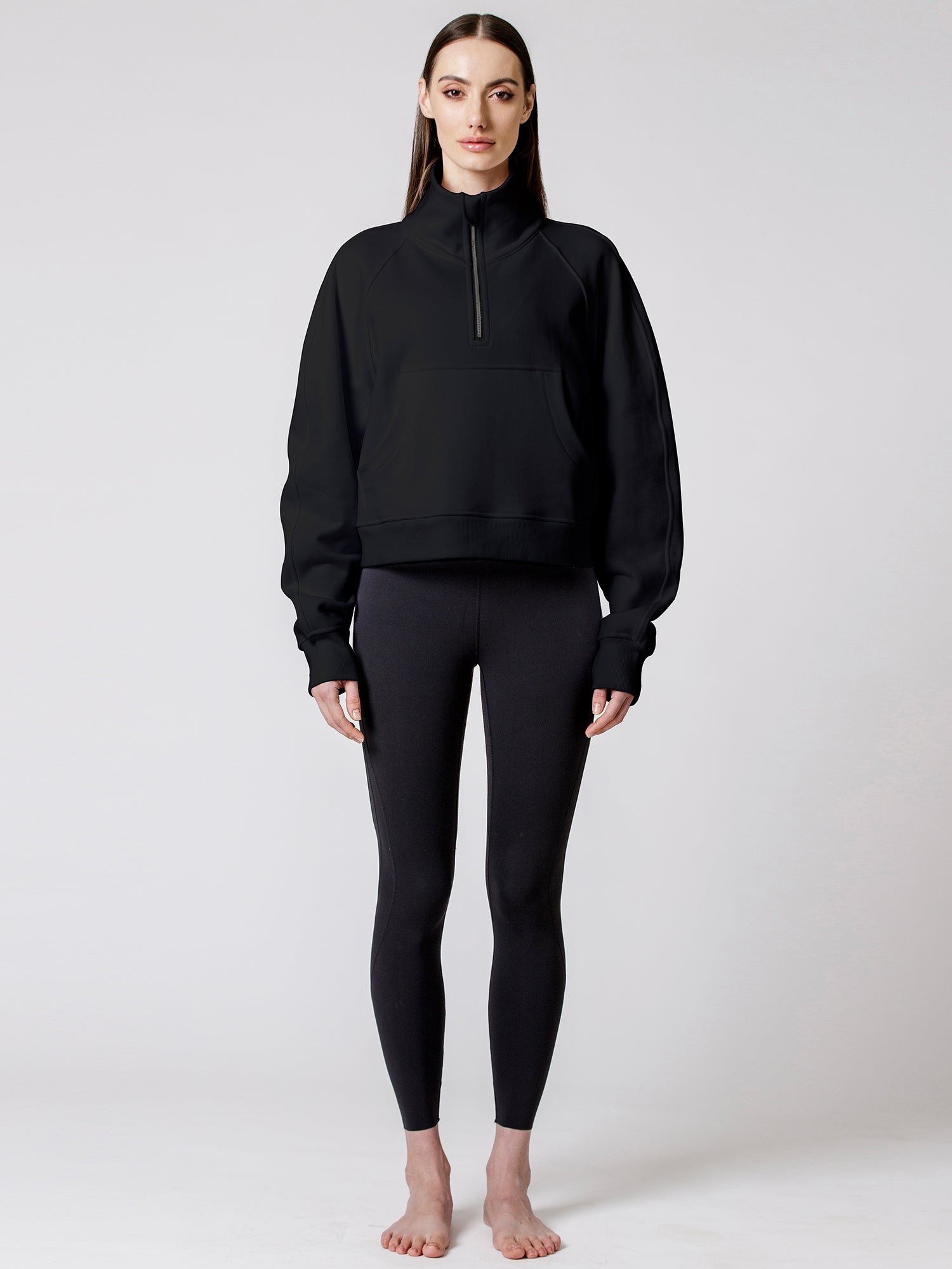 COLLARED HALF ZIP RELAXED SWEATSHIRT, BLACK