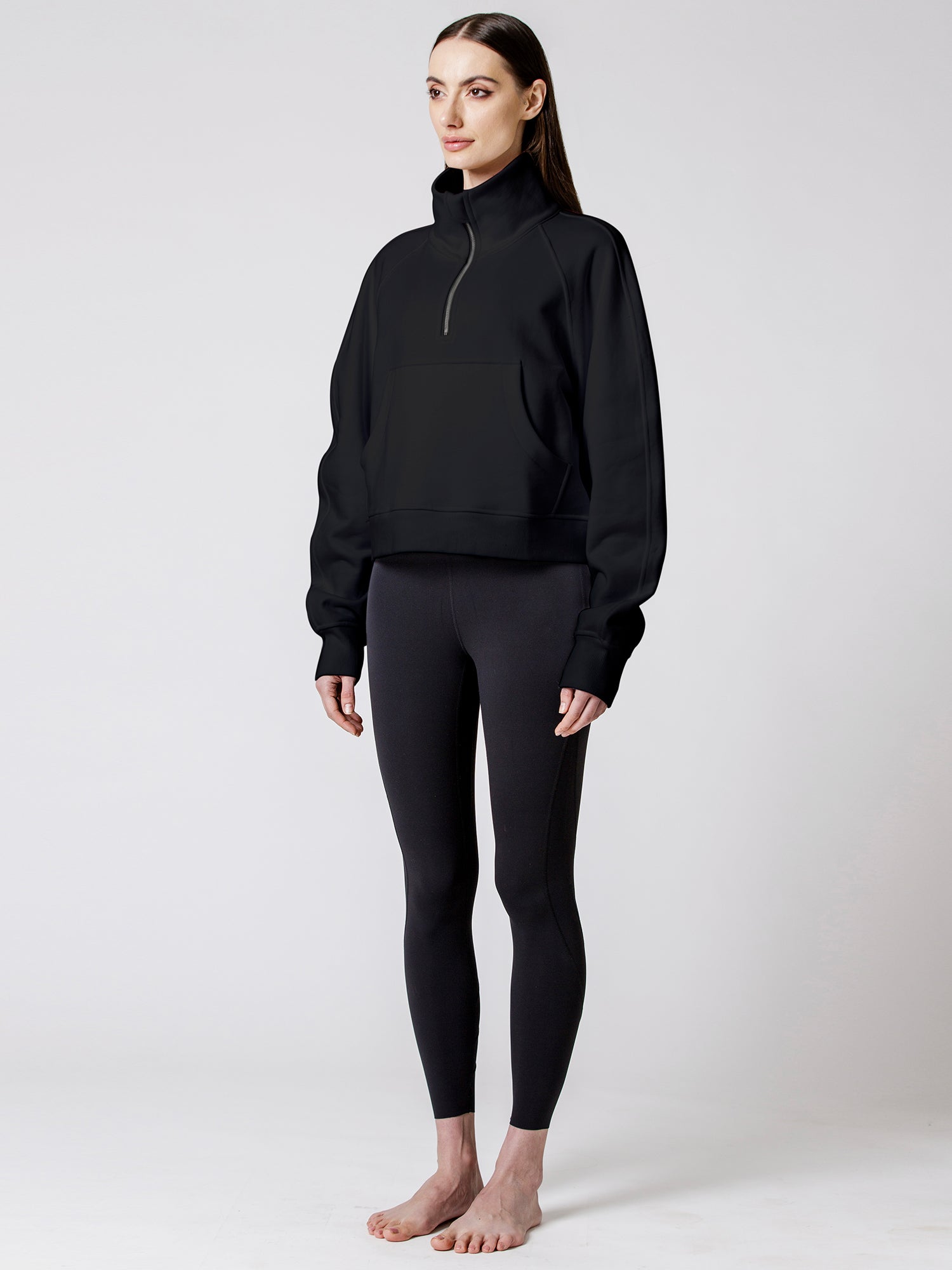 COLLARED HALF ZIP RELAXED SWEATSHIRT, BLACK