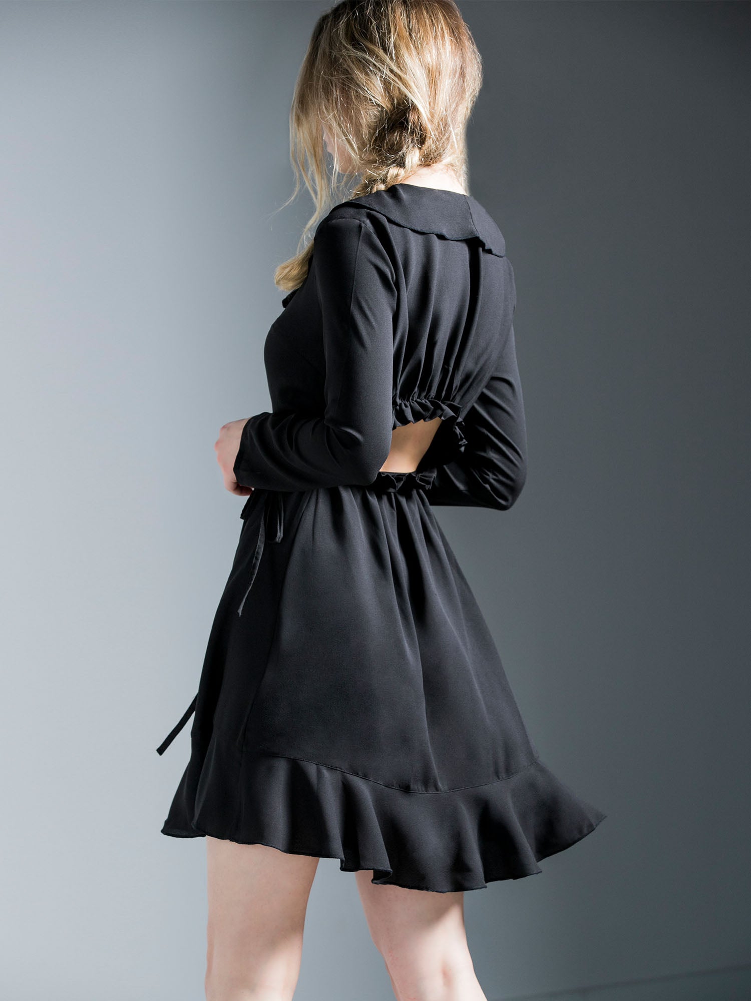 RUFFLED WRAP MINI DRESS, BLACK