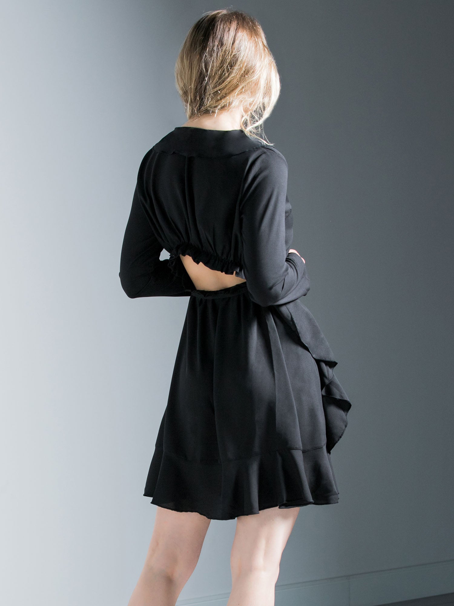 RUFFLED WRAP MINI DRESS, BLACK
