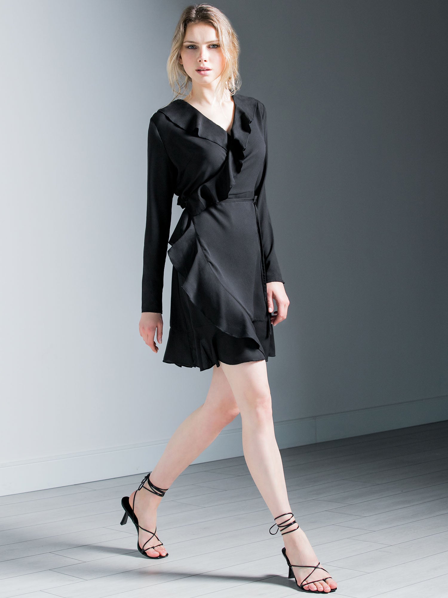 RUFFLED WRAP MINI DRESS, BLACK
