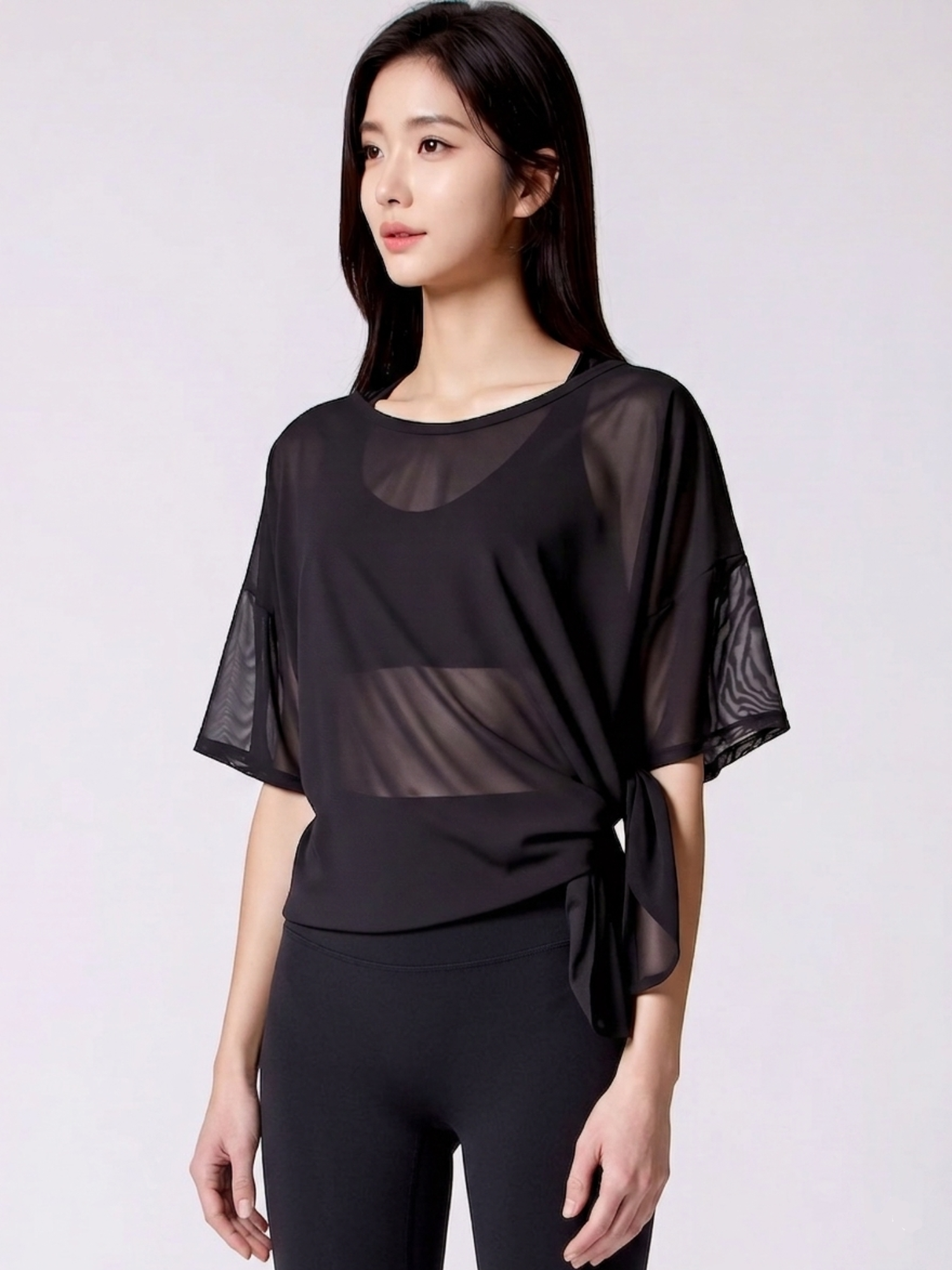 SIDE SPLIT MESH TEE, BLACK