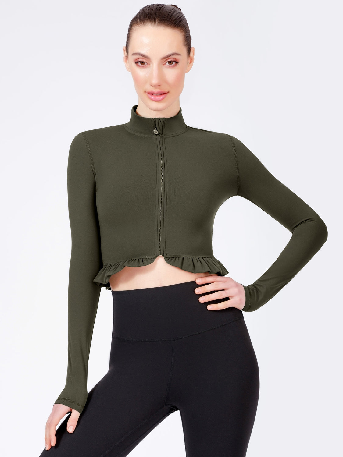 CROPPED RUFFLES JACKET, DARK GREEN