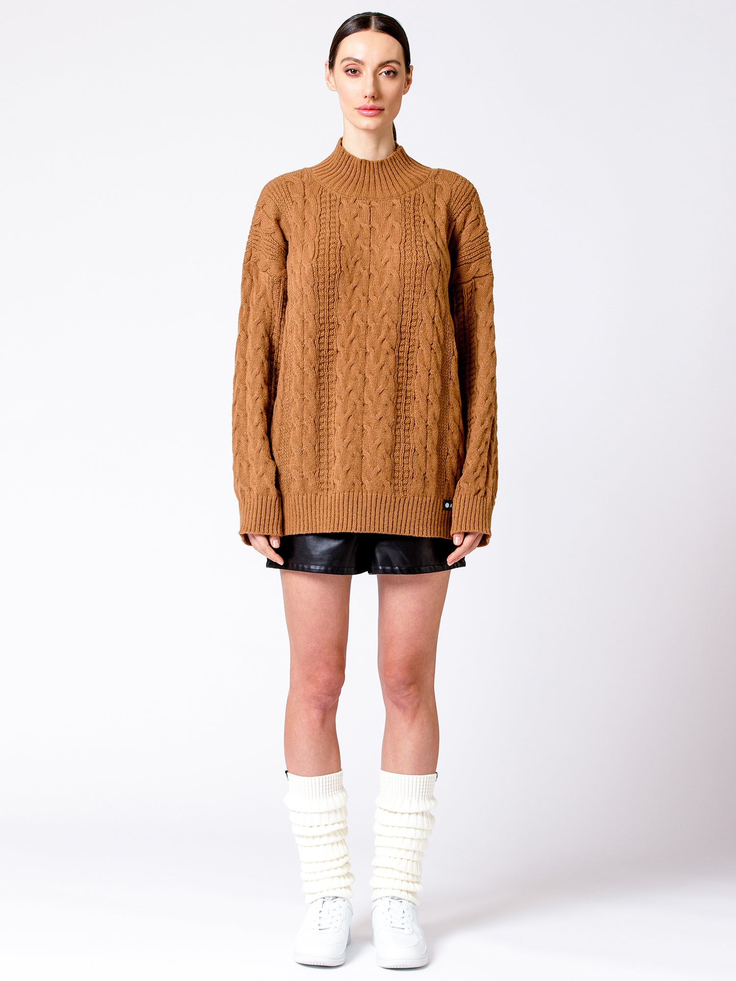 VINTAGE MOCK NECK OVERSIZED CABLE KNIT SWEATER, CARAMEL