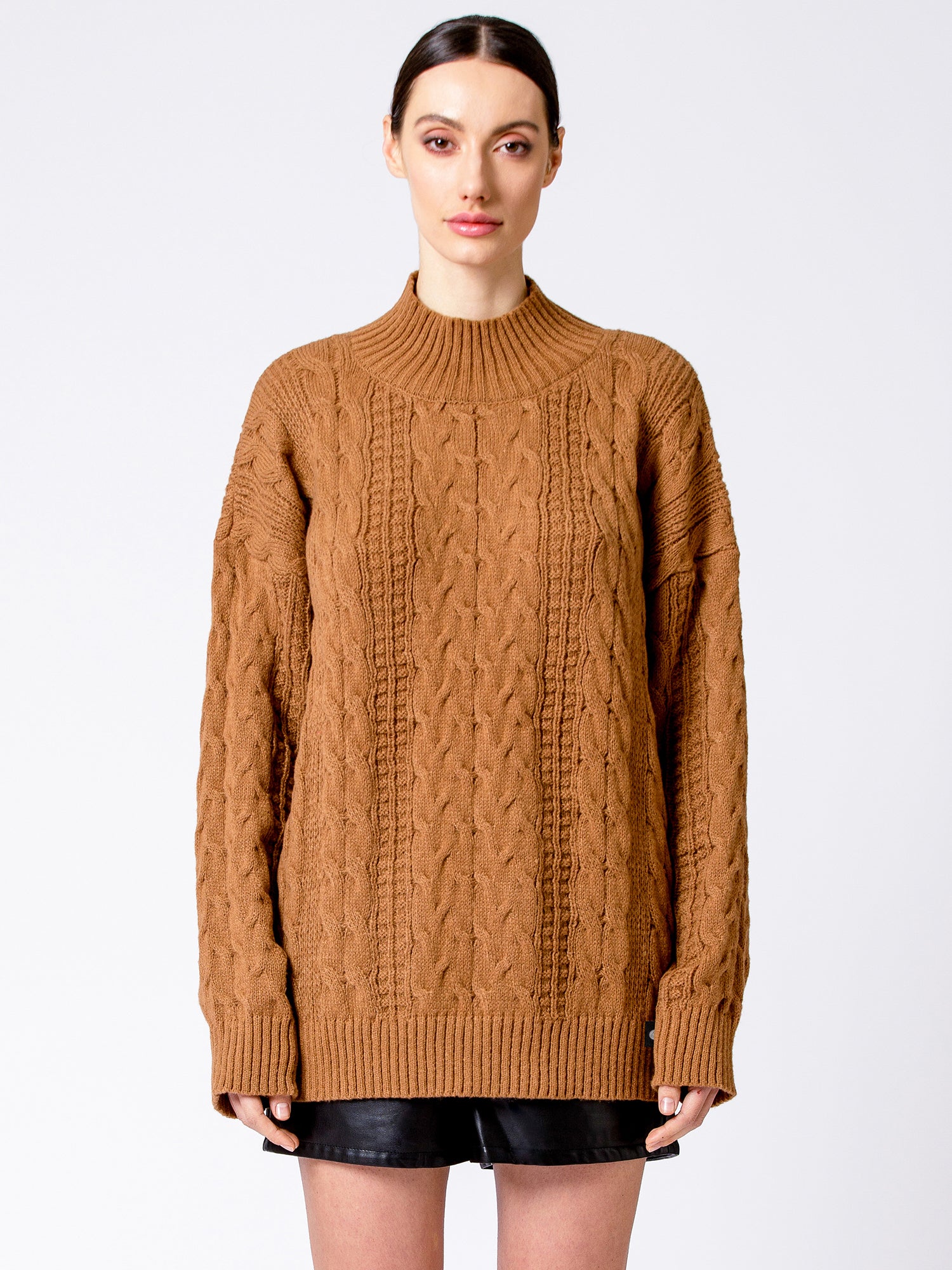 VINTAGE MOCK NECK OVERSIZED CABLE KNIT SWEATER, CARAMEL