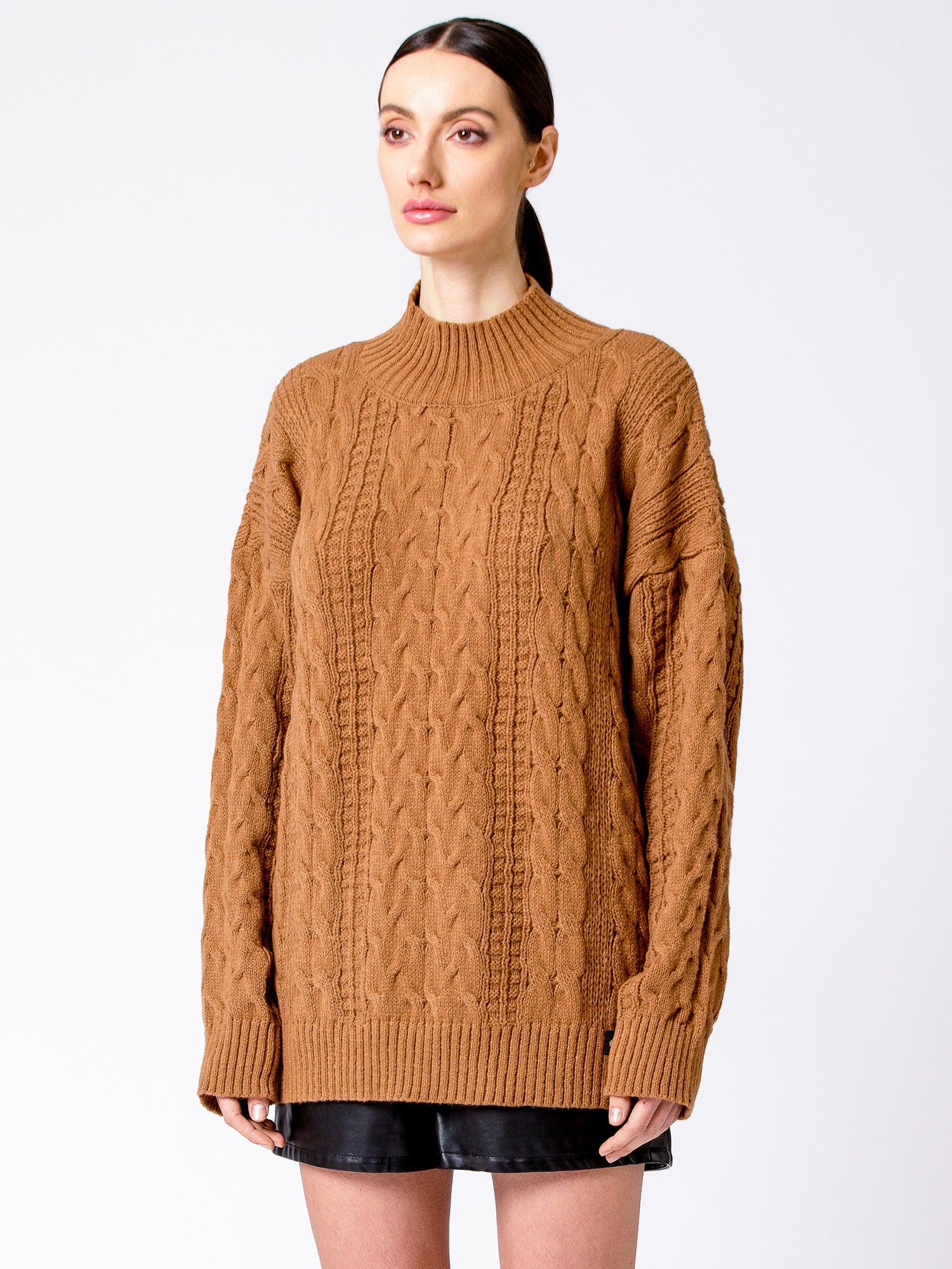 VINTAGE MOCK NECK OVERSIZED CABLE KNIT SWEATER, CARAMEL