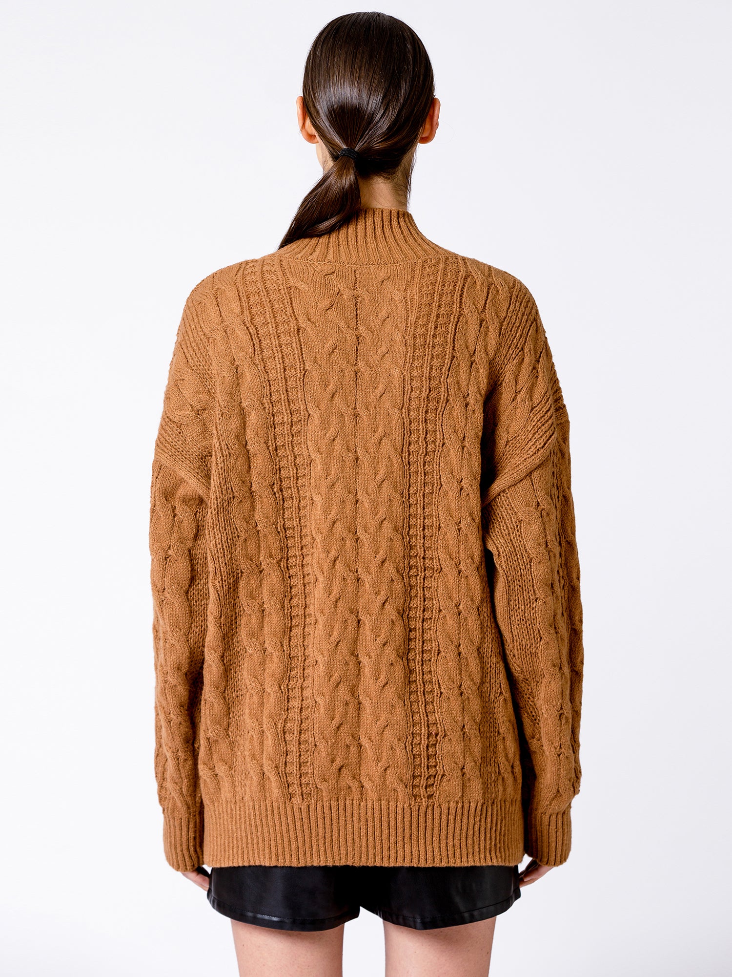 VINTAGE MOCK NECK OVERSIZED CABLE KNIT SWEATER, CARAMEL