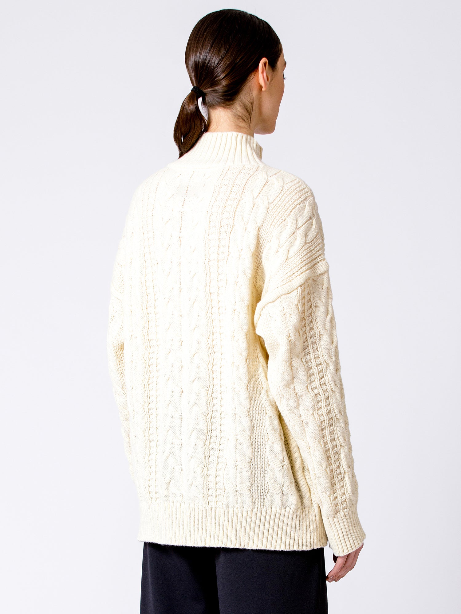 VINTAGE MOCK NECK OVERSIZED CABLE KNIT SWEATER, CREAM