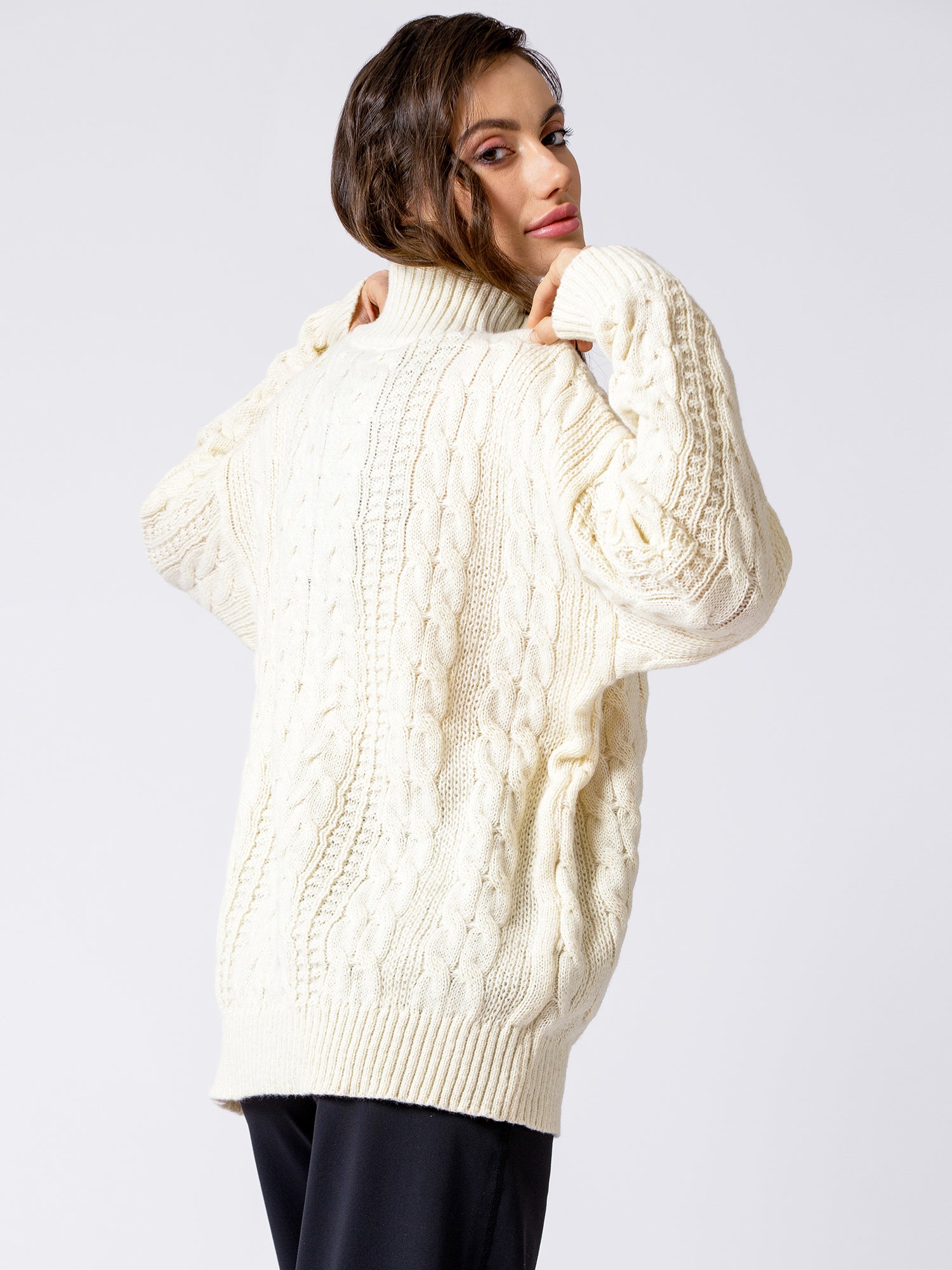 VINTAGE MOCK NECK OVERSIZED CABLE KNIT SWEATER, CREAM