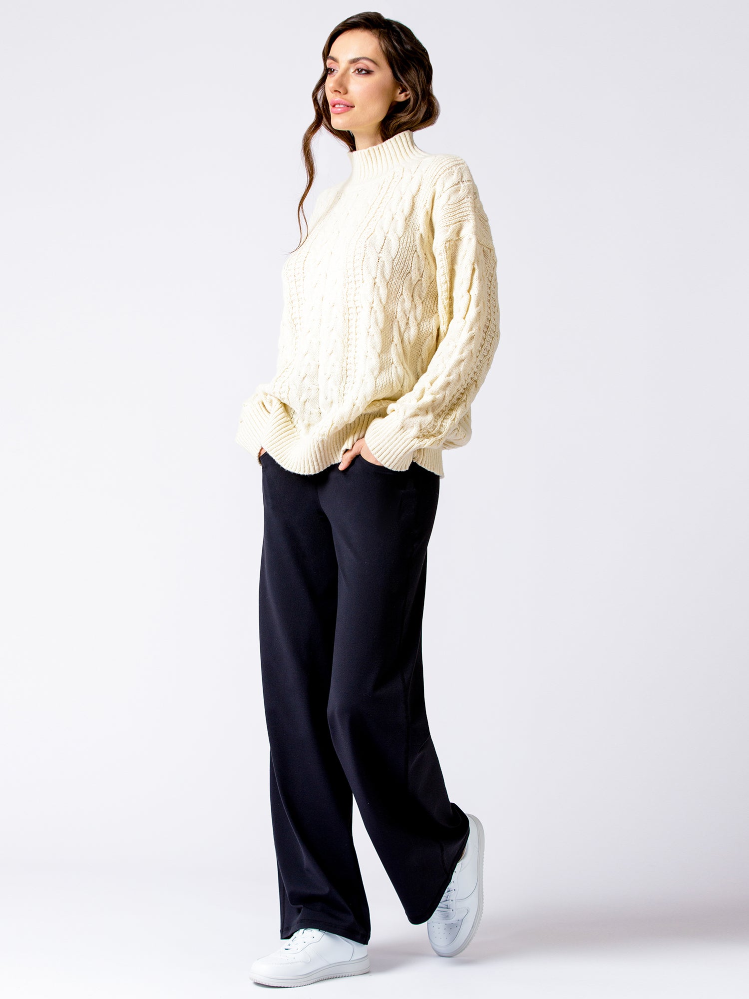 VINTAGE MOCK NECK OVERSIZED CABLE KNIT SWEATER, CREAM