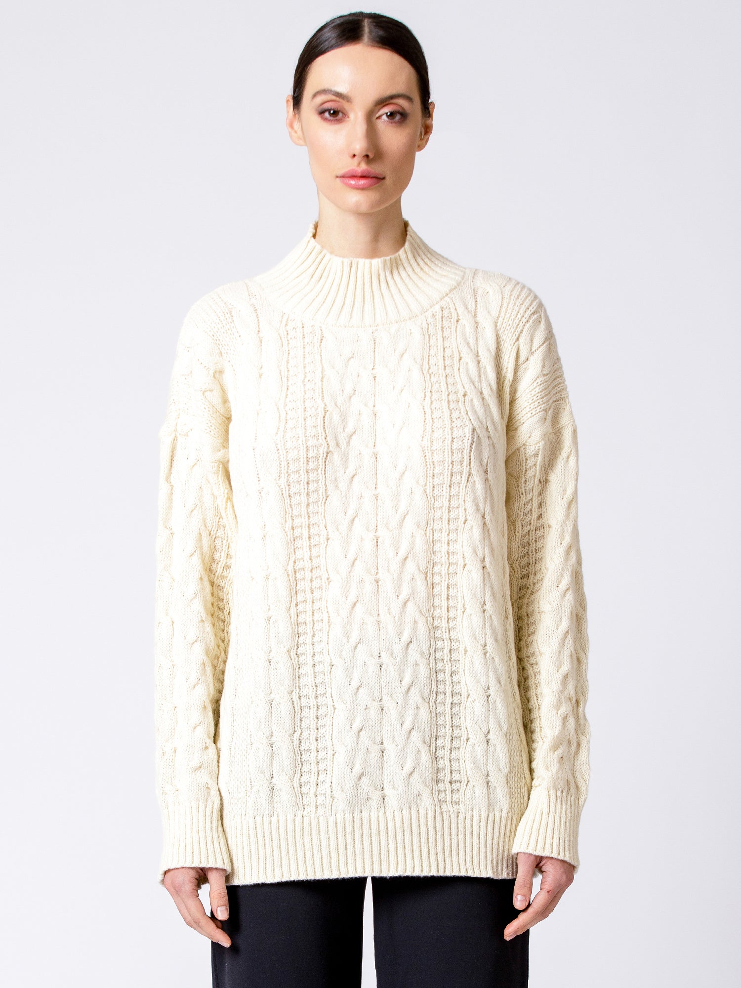 VINTAGE MOCK NECK OVERSIZED CABLE KNIT SWEATER, CREAM