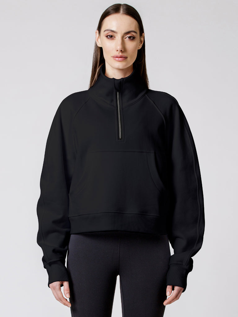 COLLARED HALF ZIP RELAXED SWEATSHIRT, BLACK