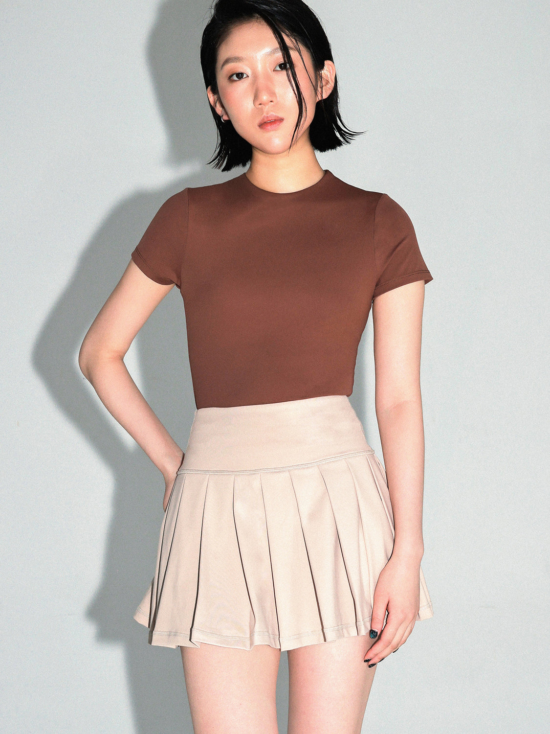 HIGH WAIST PLEATED SKIRT W/SHORTS,BROWN