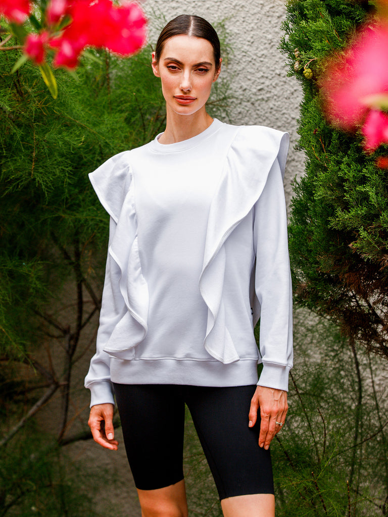 EMPOWER RUFFLED SWEATSHIRT, WHITE