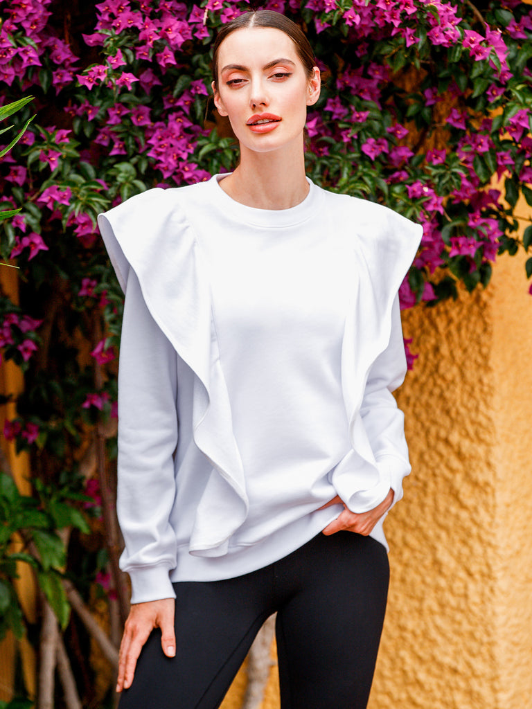 EMPOWER RUFFLED SWEATSHIRT, WHITE