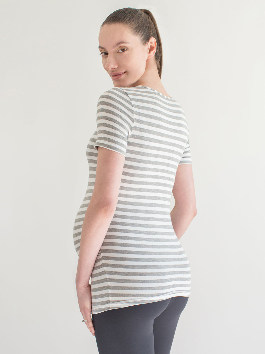 MATERNITY SOFT STRETCH SHORT SLEEVE TEE, LIGHT HEATHER GREY STRIPE