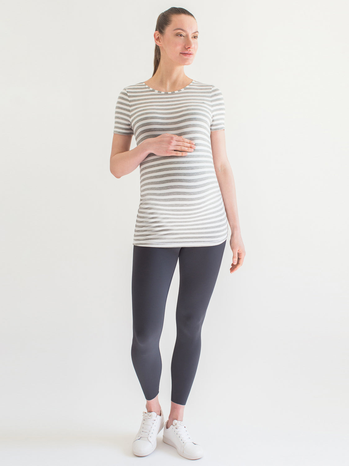 MATERNITY SOFT STRETCH SHORT SLEEVE TEE, LIGHT HEATHER GREY STRIPE