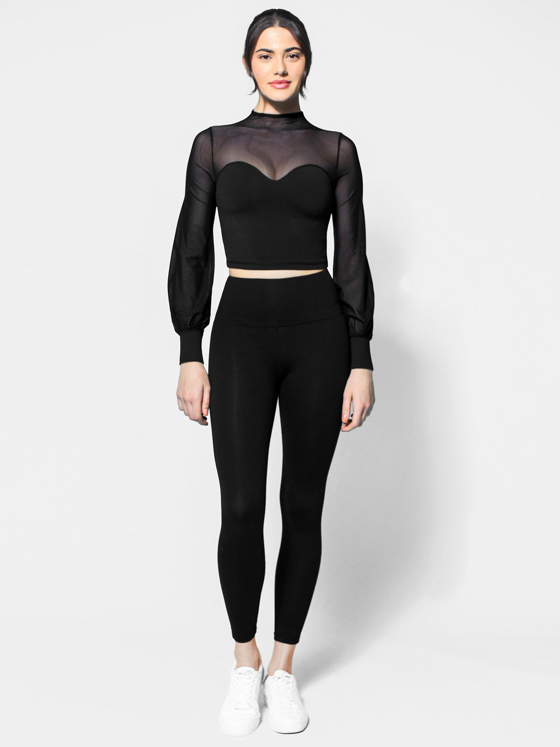 MESH ILLUSION PUFF SLEEVE CROP TOP, BLACK/BLACK MESH