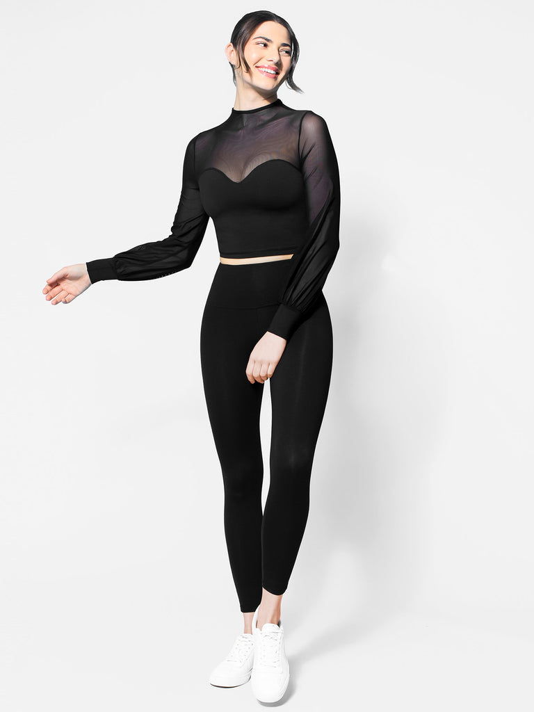 MESH ILLUSION PUFF SLEEVE CROP TOP, BLACK/BLACK MESH