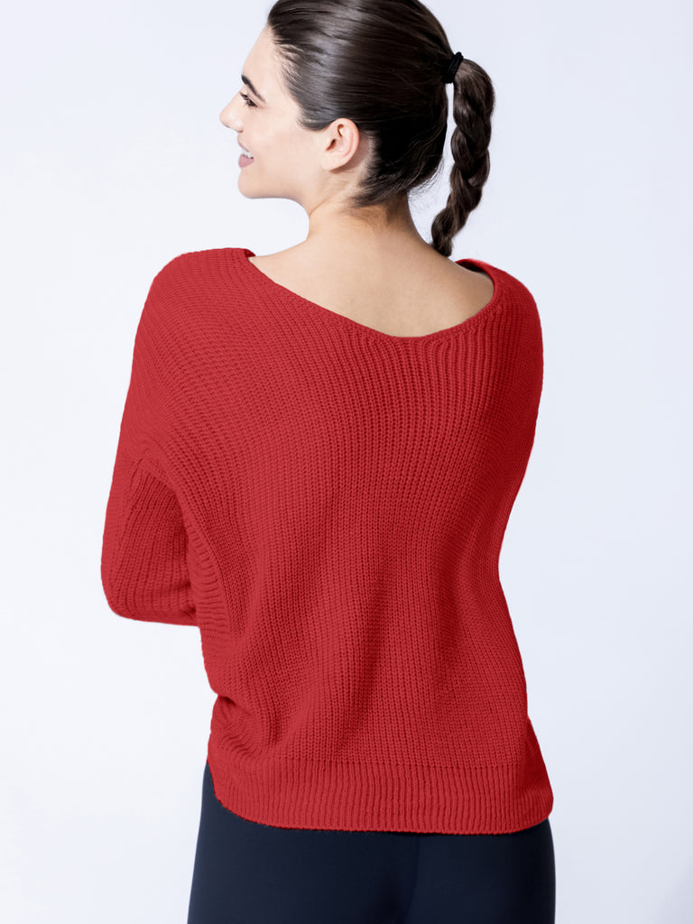 back view of knit sweater in red