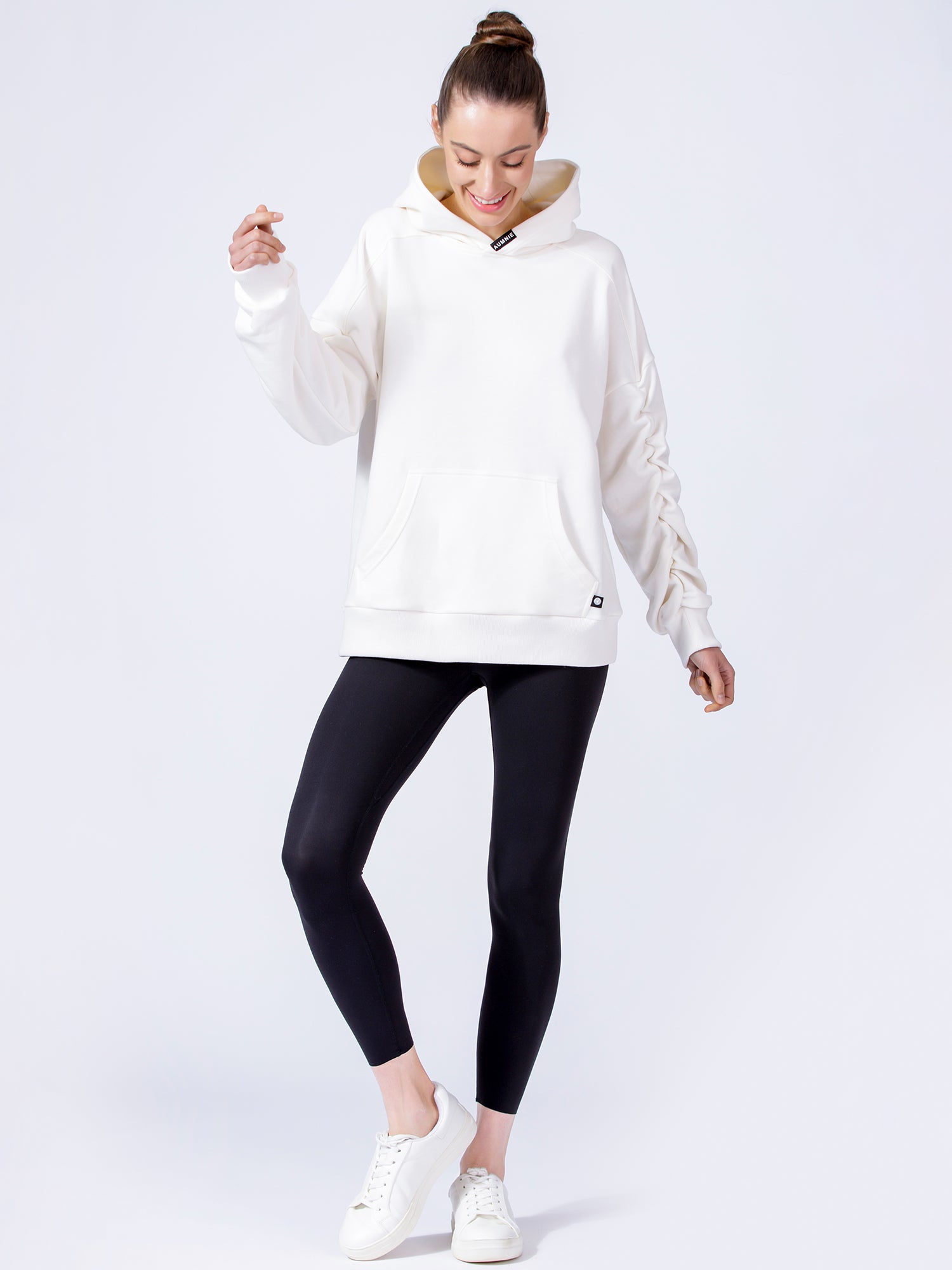 RUCHED RUNWAY HOODIE, WHITE