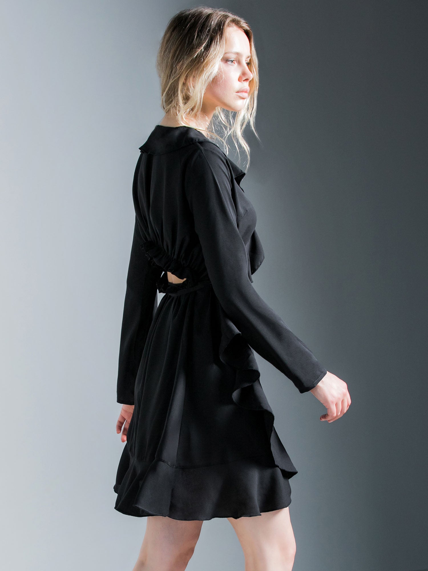 RUFFLED WRAP MINI DRESS, BLACK