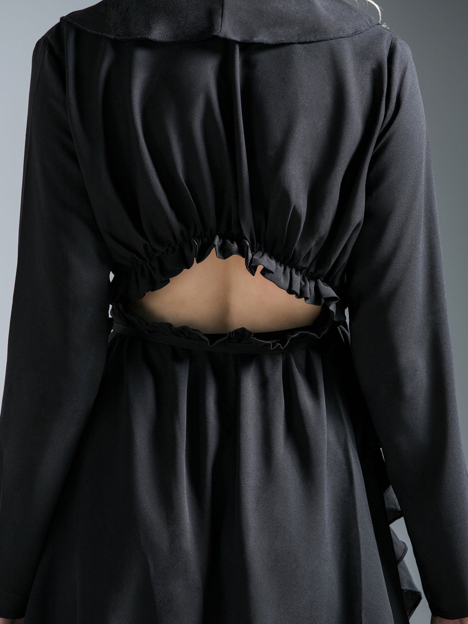RUFFLED WRAP MINI DRESS, BLACK
